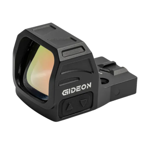 Front left angled view of Gideon Optics Storm reflex sight showing adjustment buttons