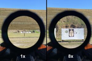 Gideon Optics Guardian SFP LPVO reticle view at 1x and 8x magnification